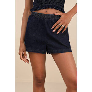 Lulus Diantha Dark Blue Chambray High-rise Shorts - Size L